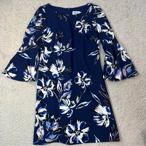 Eliza J Dress Sz 6 Floral Navy Blue Shift with Bell Sleeves - Picture 3 of 14